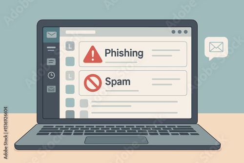 Phishing and spam email warnings on laptop screen. Cybersecurity alert. Online internet threat, data protection concept. Malware, virus, scam, fraud notification. Digital security vector.