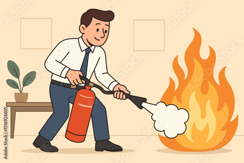 Man using fire extinguisher cartoon illustration. Office worker in emergency putting out fire. Workplace safety, hazard prevention, fire safety training vector graphic. Business character in action.