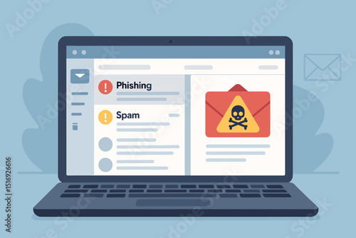 Laptop screen displaying email interface with prominent phishing and spam warnings. Cybersecurity concept: online scam, malware alert, internet safety, cybercrime protection.