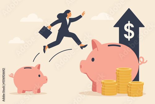 Businesswoman financial leap forward, investment growth concept. Woman jumping from small to big piggy bank, savings increase, career success, profit achievement. Wealth building.