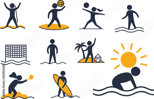 Minimalist Vector Icon Set of Beach & Water Activities in vector illustration