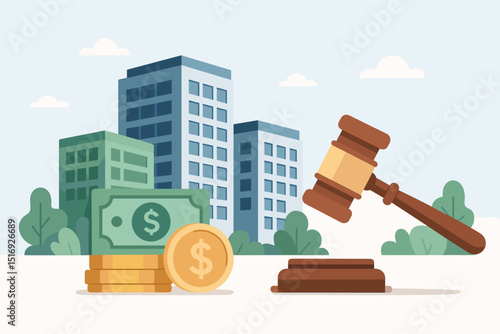 Real estate auction concept. City buildings, money, dollar coins, and judge gavel. Property sale, investment, housing market, finance bid. Vector illustration for legal or business theme.