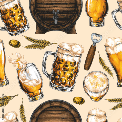 Artistic illustration of beer mugs and barrels