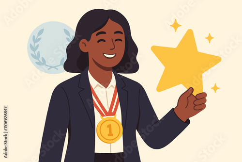 Top Performer Honored with Gold Medal and Star. Businesswoman celebrating success, achievement, and first place. Recognition award for excellence, champion, best employee.