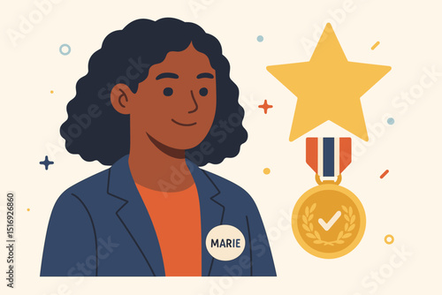 Top performer Marie proudly wearing a gold star medal. Concept for employee recognition, business achievement, success, award winner, and professional excellence. Vector.