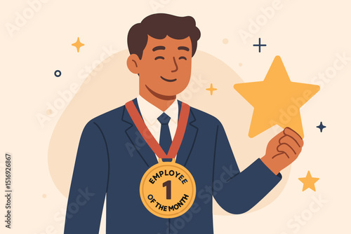 Employee of the Month winner. Top performer honored. Business achievement recognition. Successful man holding star award. Leadership celebration, best worker prize. Corporate champion, career success.