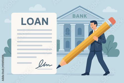 Businessman signing loan agreement contract document with large pencil. Bank building background. Financial credit, mortgage, investment, and banking concept illustration.