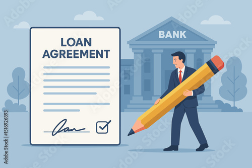 Loan agreement signing concept. Businessman with giant pencil puts signature on financial contract. Bank building in background. Mortgage, credit, investment, deal, paperwork vector.