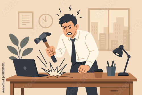 Frustrated office worker smashes laptop. Angry businessman destroying computer with hammer. Workplace stress, burnout, rage quit concept. Tech problems, overload.