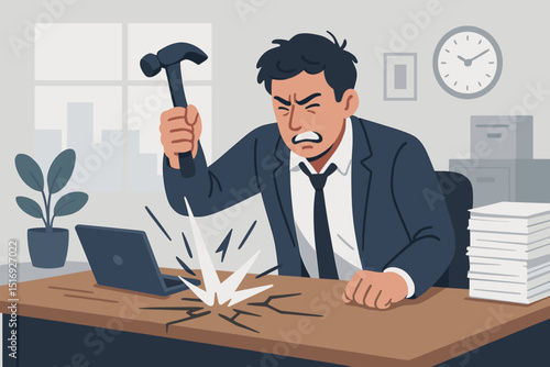 Office frustration unleashed. Angry businessman smashing laptop with hammer. Workplace stress, burnout, and deadline pressure. Technology rage, computer destruction concept.