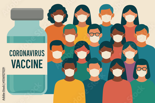 Coronavirus vaccine vial with diverse group of people in face masks illustrating herd immunity. COVID-19 pandemic immunization, public health protection concept vector.