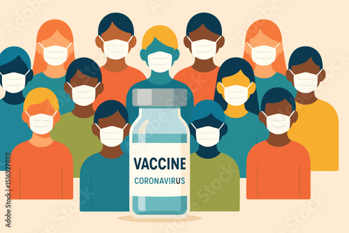 Coronavirus herd immunity visualization with diverse masked people and COVID-19 vaccine vial. Concept of community vaccination, public health, pandemic protection, and immunization.
