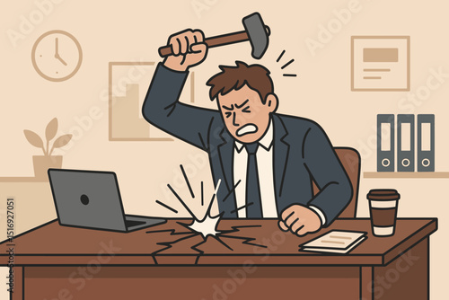 Frustrated office worker smashing laptop with hammer. Angry businessman experiencing stress, burnout at workplace. Concept of rage, technology problems, deadline pressure, fury.