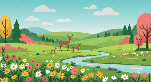 Deer family near flowing river in colorful spring meadow landscape vector illustration 