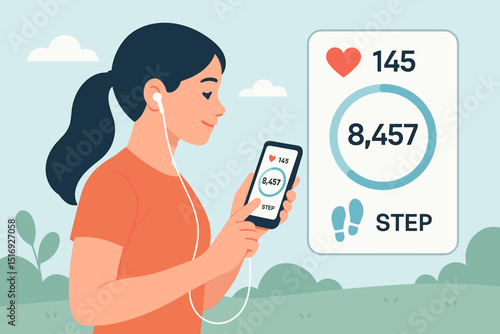 Fitness tracking technology for healthy lifestyle. Woman exercising outdoors using health app on smartphone to monitor heart rate and steps. Active wellness concept with mobile device. Vector.