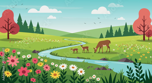 Deer grazing near river in colorful spring meadow with rolling hills and flowers vector illustration 