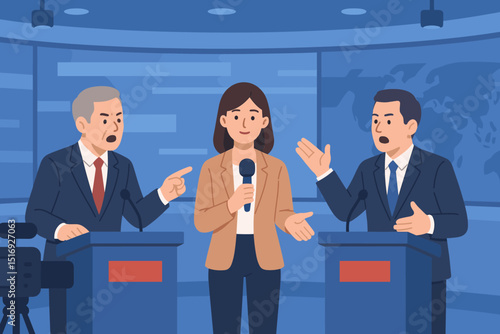 Political debate in TV studio. Candidates at podiums, host with microphone. Live broadcast discussion. Election campaign. News, media, press conference concept. Flat vector illustration.