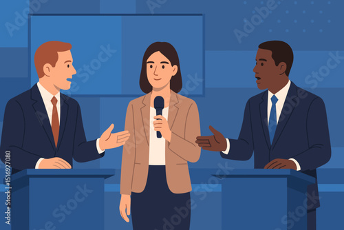 TV studio debate illustration. Female moderator with microphone interviews two male candidates. Political discussion, live news broadcast. Participants speaking at podiums. Flat vector.