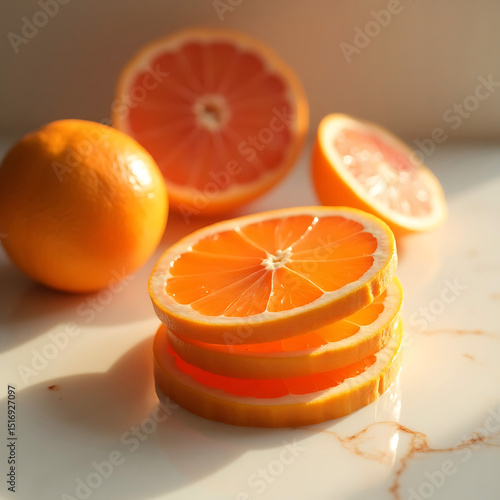 Juicy orange slices and whole oranges in sunlight