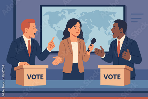 Election debate TV studio. Political candidates argue. Moderator with microphone. Vote on podium. Public discussion. Political campaign news. Democracy in action. Government. Vector art.