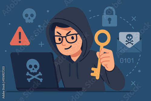 Cartoon hacker with laptop holding key, illustrating cybercrime, data breach, phishing. Cybersecurity concept with skull, warning, lock, malicious email. Internet security vector.