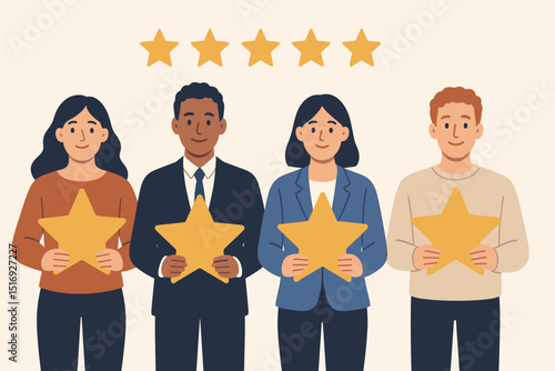 Customer satisfaction five star review. Diverse people characters giving positive feedback. Business quality assessment, product rating excellence. Client experience testimonial vector.
