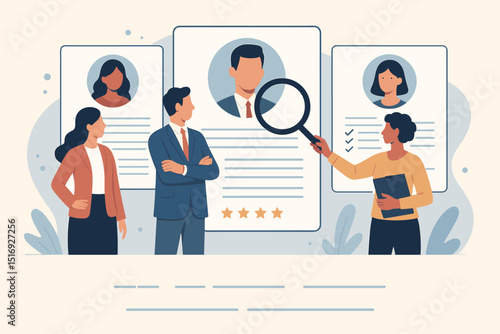 Staff selection process vector illustration. HR manager with magnifying glass evaluating job candidates' resumes. Recruitment, hiring, talent acquisition, human resources concept.