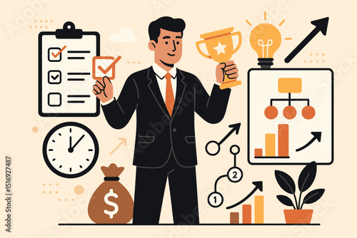 Successful project completion. Businessman holding trophy. Business achievement, financial growth, innovative idea. Strategy, checklist, timeline, investment, profit. Vector.
