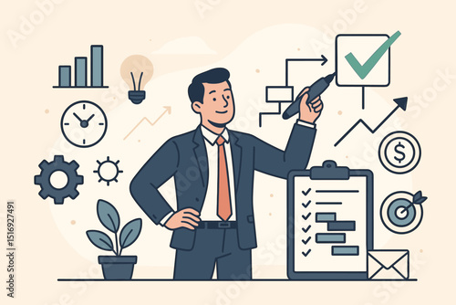 Businessman project manager successfully completes tasks. Efficient planning strategy, checklist management for productivity. Goal achievement, approved deadline. Corporate development growth chart.