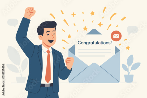 Man celebrating success with congratulations email. Happy businessman achieved goal, victory notification. Winner excited by good news, job promotion or prize. Vector illustration.
