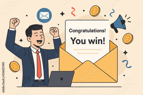 Online win celebration. Happy businessman with congratulations message in envelope. Laptop, money coins, megaphone. Lottery winner, contest success, financial achievement. Prize notification vector.