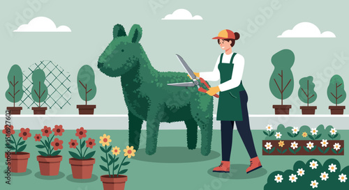 Gardener trimming green horse-shaped topiary in garden with flowers and plants vector illustration 