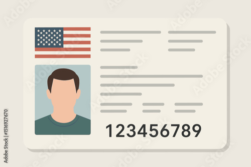 US Driver License template vector illustration. Blank identification card mockup with American flag. Generic ID for identity verification, personal info. Driving permit, official document design.