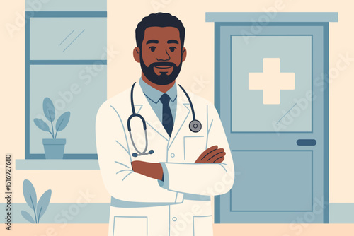 Doctor. Male physician, beard, stethoscope. Medical professional. Clinic, hospital. Healthcare vector. Consultation, diagnosis, patient care. Health, medicine. Practitioner, arms crossed, confident.