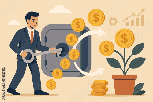 Financial management success concept. Businessman unlocking safe, investing money in growing plant. Wealth building, return on investment, financial security, profit, savings.