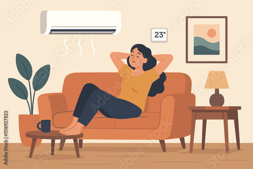 Woman relaxing on sofa in air conditioned living room. Comfortable home interior scene. Female enjoying cool air, leisure time. Summer heat relief, climate control concept. Vector illustration.