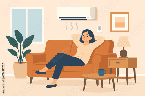 Woman relaxing on sofa under air conditioner in cozy living room. Home comfort, leisure time, and peaceful atmosphere. Modern interior design with houseplant and soft furnishings.