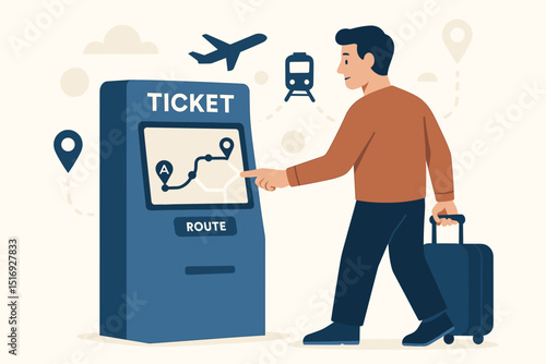 Traveler interacting with digital ticket machine for route planning, purchasing transport tickets for airplane, train, with luggage, at station, airport, travel technology, tourism.