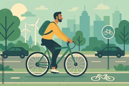 Sustainable urban cycling lifestyle. Man riding bicycle in city park with wind turbines. Eco-friendly transportation. Healthy outdoor activity. Green city concept. Bike lane vector.