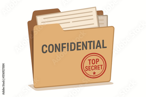 Confidential folder, top secret stamp. Classified documents, sensitive data. Information security, privacy, secrecy. Government, corporate intelligence. Espionage files. Vector.