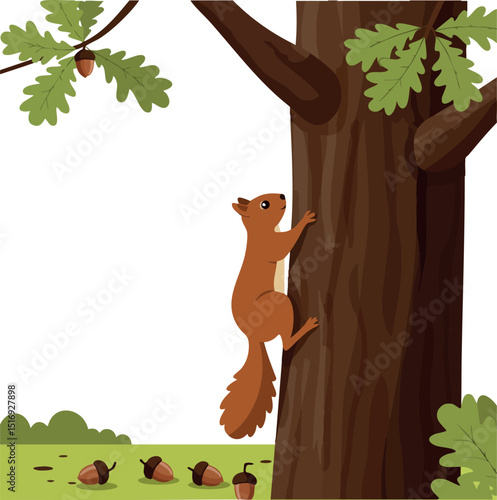 Red squirrel climbing oak tree with acorns on green grass vector illustration 