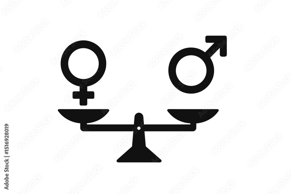 Gender equality icon. Gender balance concept. Male female symbols on scales. Justice, fairness, equal rights. Social issue. Diversity, inclusion. Human rights. Vector illustration. Gender equality icon. Gender balance concept. Male female symbols on scales. Justice, fairness, equal rights. Social issue. Diversity, inclusion. Human rights. Vector illustration.