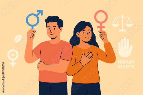 Gender equality concept vector. Man and woman holding gender symbols. Advocating human rights, social justice, fairness. Equal opportunity, balance between sexes. Empowerment, diversity, inclusion.