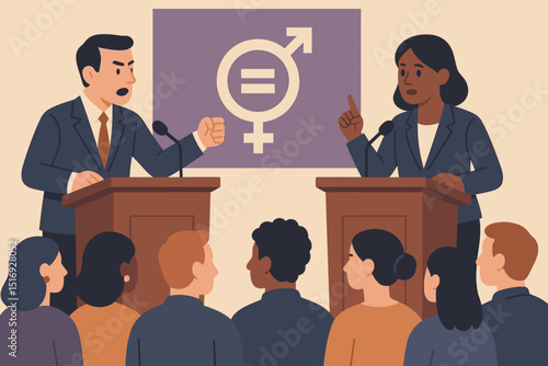 Political debate on gender equality. Male and female speakers at podiums discussing rights. Election campaign, public discourse with audience. Vector illustration for social issues.