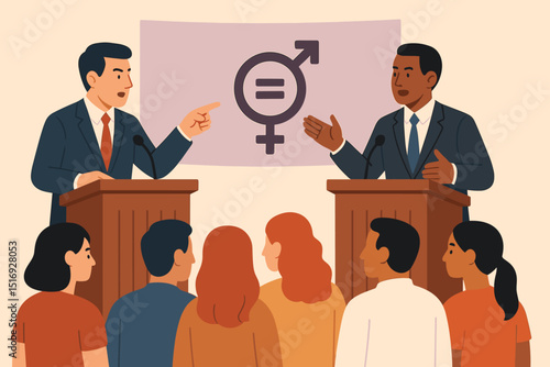 Political debate on gender equality. Two diverse candidates discussing women's rights and social justice issues in front of an audience. Election campaign, public speaking concept. Equality symbol.
