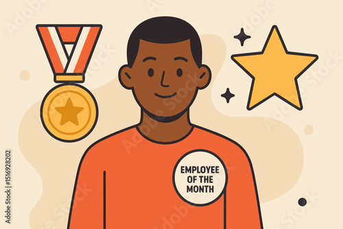 Employee of the Month recognition award. Best worker celebration with medal and star. Staff appreciation, motivation, and success concept. Corporate talent honored vector.