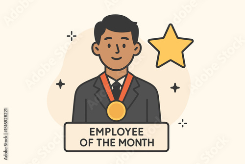 Employee of the Month award icon. Business recognition, best worker, top performer. Male character with medal, star. Achievement, success, celebration, motivation. Vector illustration.