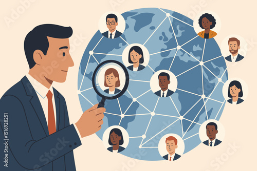 Professional with magnifying glass examining diverse global network of people. Concept for human resources, international recruitment, talent sourcing, social connections.