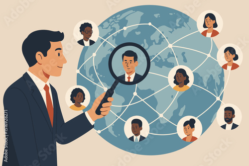 Global business networking and talent acquisition. Businessman with magnifying glass analyzing diverse international people connections. HR recruitment, worldwide team search concept.