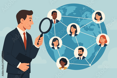 Businessman with magnifying glass examining global network connections. Talent acquisition, human resources, worldwide recruitment, CRM, customer search, diversity and inclusion illustration.